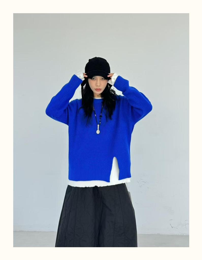 Becabeau Women's Winter Loose Knit Sweater, Plus Size, Korean Casual Style, Split Design, Crew Neck