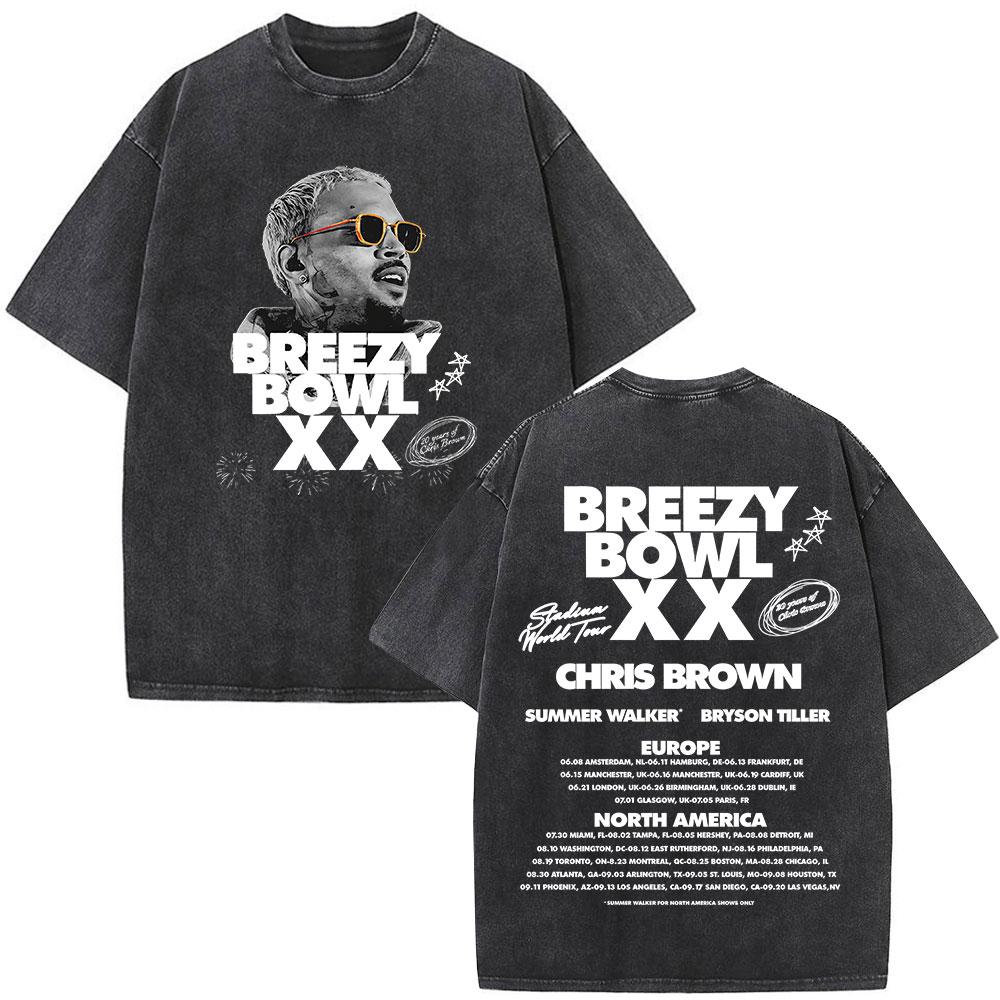 Rapper Chris Brown Breezy Bowl XX Tour 11:11 Vintage Washed T-Shirt Herren Damen Mode Hip Hop T-Shirts Baumwolle Oversized T-Shirts