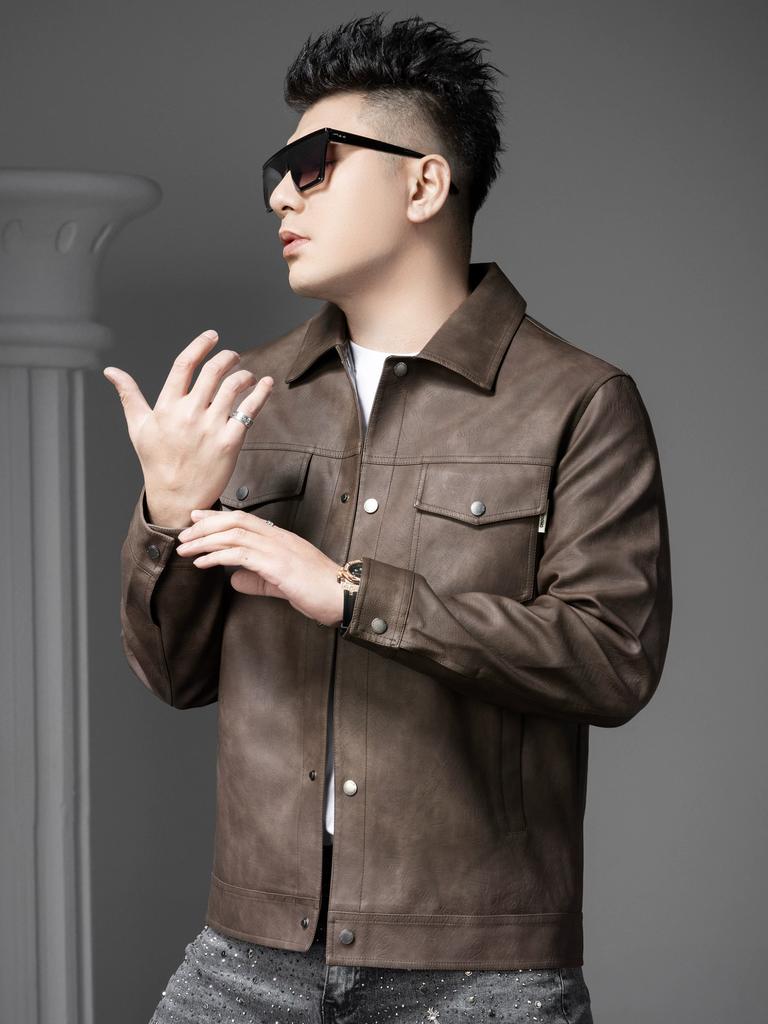 European Station 2025 Autumn New Style Men's Leather Jacket with Turn-Down Collar, Stylish Biker Jacket, Trendy Casual Leather Coat for Men