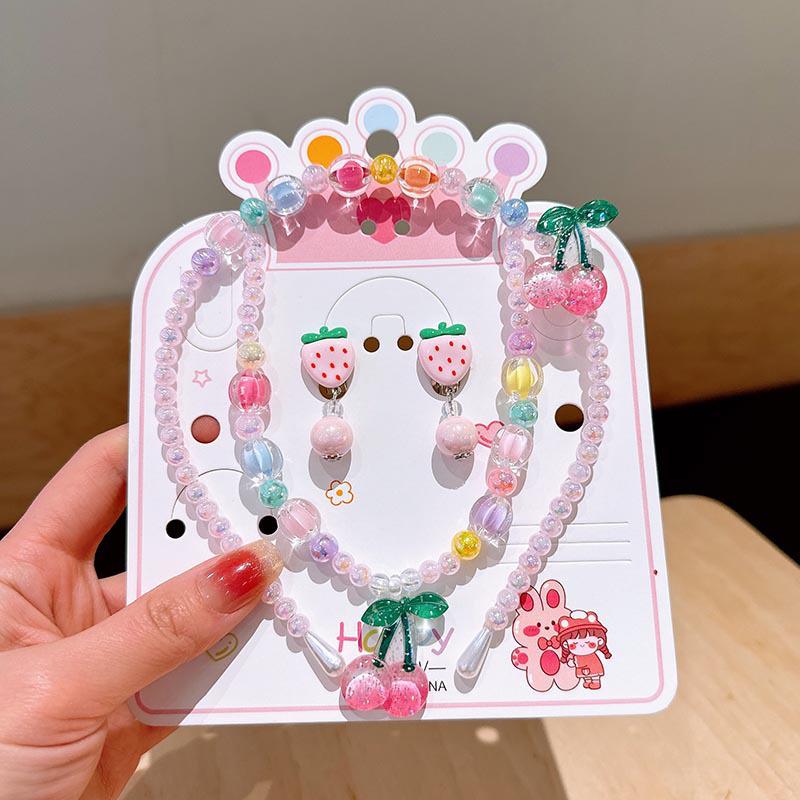 Colorful Pearl Necklace and Jewelry Set: Beaded Bracelet, Cartoon Headband, Earrings - Princess Accessories for Girls