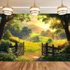 The polyester fiber flags on the rural path under the sunlight, accompanied by wooden fences and golden rays of sunshine