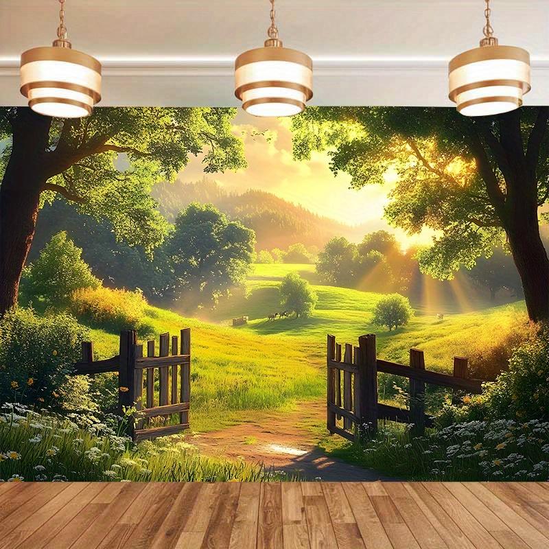 The polyester fiber flags on the rural path under the sunlight, accompanied by wooden fences and golden rays of sunshine