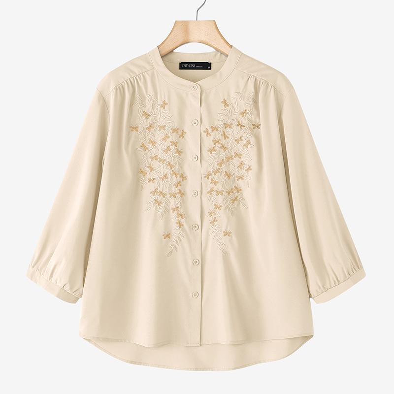 ZANZEA Women Casual Round Neck 3/4 Sleeve Loose Embroidery Print Blouse
