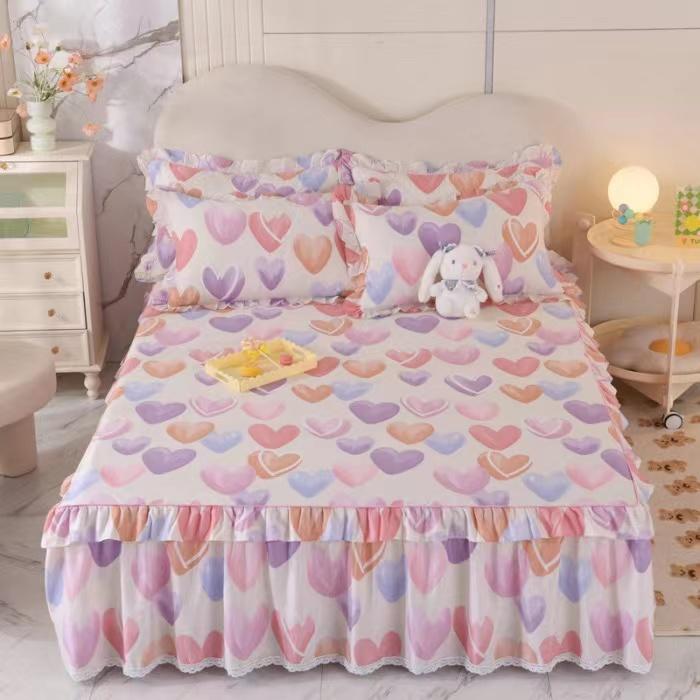3pcs Sheet Set High Grade 100% Cotton Printed Bedspread King Queen Size Cute Pure Cotton Thick Bed Skirt with 2pcs Pillowcase