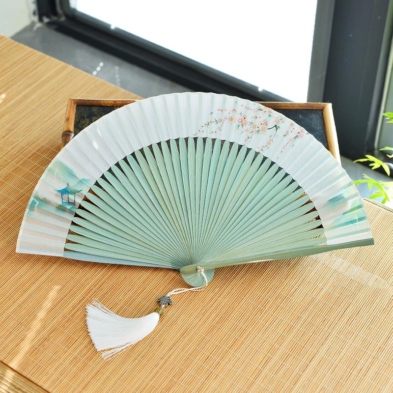 Chinese Custom Folding Fan Simulated Silk Fan Surface Bamboo Fan Bones Stage, Stage Props Decorative Crafts Chinese Culture