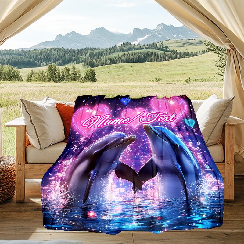 1PC Custom Name Love Between Dolphins Outdooor Flannel Blankets Throw Blanket All-Season Throw Gift Bedspread for Couch, Bed, Camping Holiday Birthda
