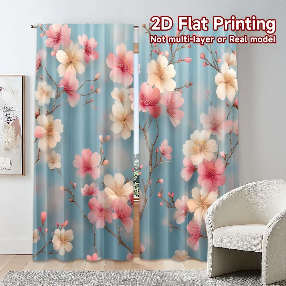 2pcs,Curtains Cherry Blossoms on Blue Popular Creative Curtains Durable 100% Polyester Fabric Curtains Versatile All Decorative