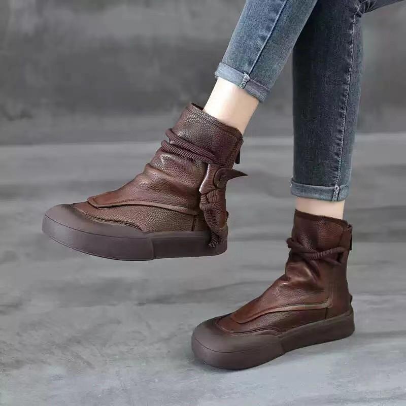 Fashion Women Handmade Retro Roman Ankle Boots Women Genuine Woman Back Zipper Comfort Trend Casual Short Booties High Top Walking Shoes