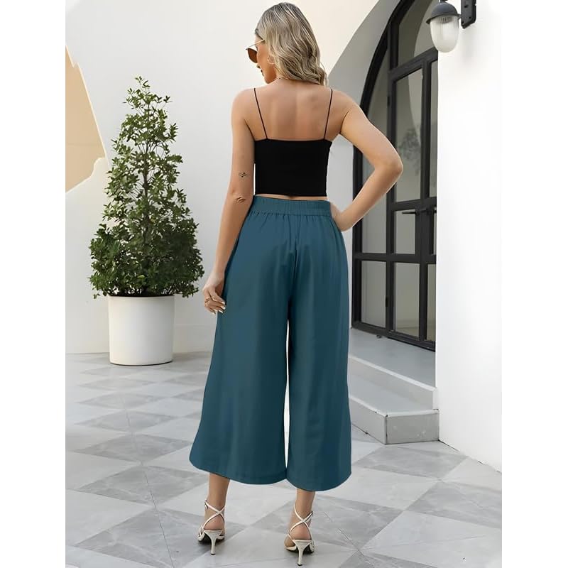 OOMPH! Cotton Linen Palazzo Pant for Women Women' High Rise High Waist Trousers Flowy Wide Leg Plazzo Pant Trouser wi
