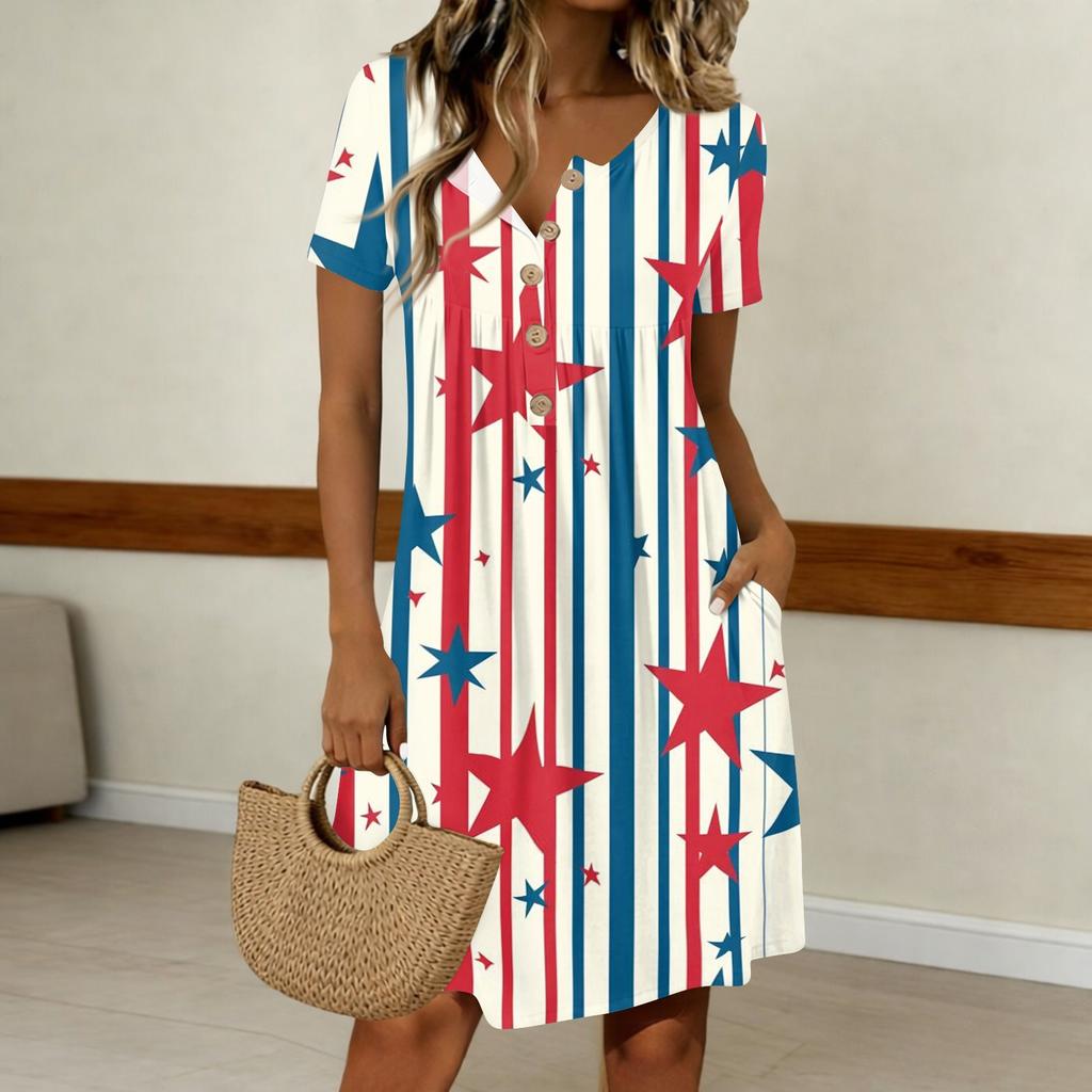 Women’s Casual Short Sleeve Button Neck Crewneck Dress with Independence Day Themed Print Loose Fit Comfortable Style