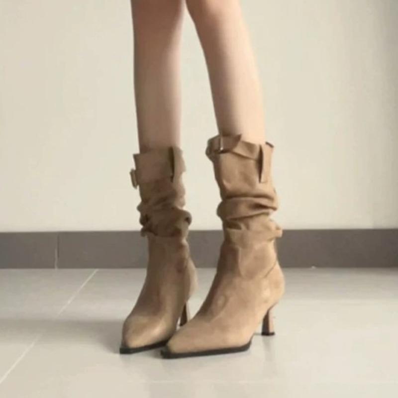 Sheepskin Version~ Suede Pleated Piled Boots Pointed High Heel Thin Boots Women's Autumn and Winter Thin Heel Medium Boots