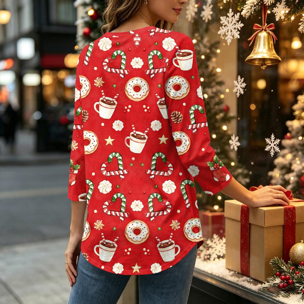 Top casual da donna con stampa natalizia a maniche lunghe