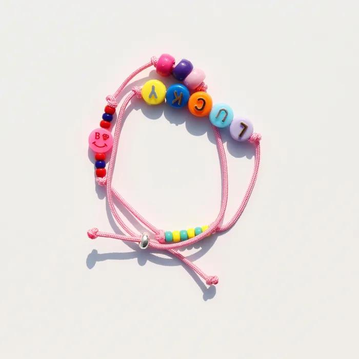 Happy Pop Initial Smile Knot Bracelet Smile Charm Initial Bead Double-Strand Knot Bracelet Thread Bracelet