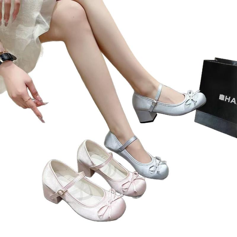 New Women's Summer Shoes Fashion Elegant Bowknot Decoration High Heels Pumps Simple Solid Color Round Head Mary Janes Sandals