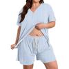 Plus Size Casual Two Piece Set Women Short Sleeve V Neck Loose Fit Top and Drawstring Waist Shorts Lounge Wear Set