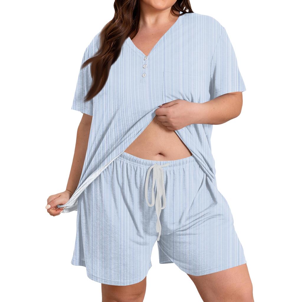 Plus Size Casual Two Piece Set Women Short Sleeve V Neck Loose Fit Top and Drawstring Waist Shorts Lounge Wear Set