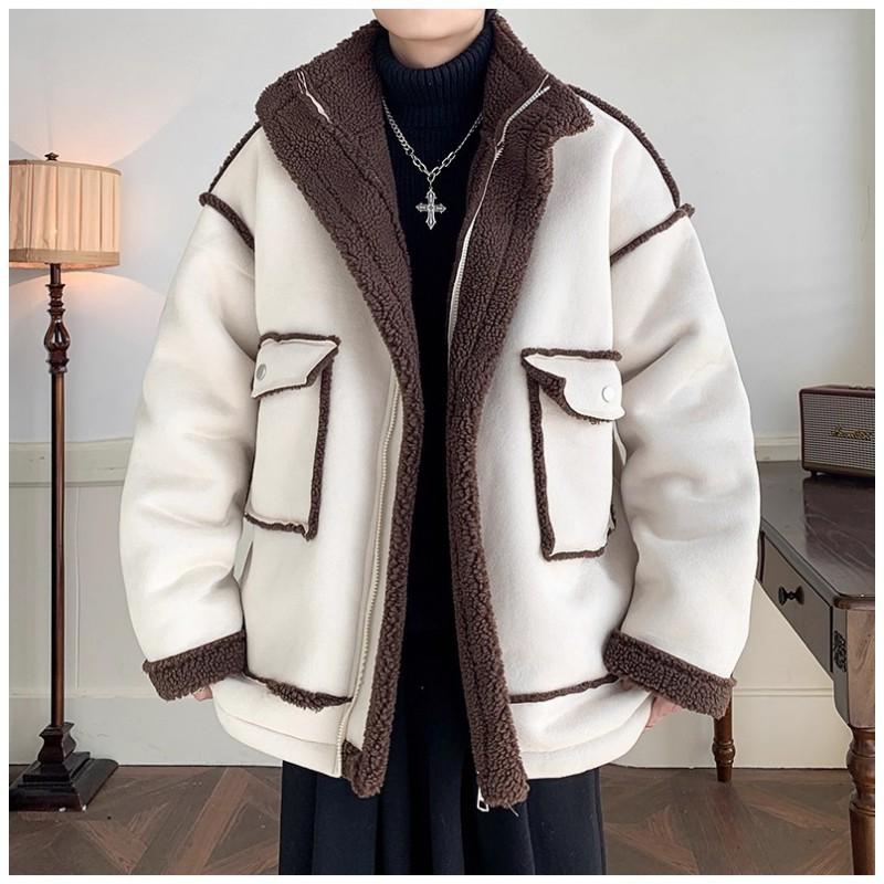 Mens Solid Color Lamb Fleece Puffer Jacket Winter Warm Plus Size Casual Cotton Coat