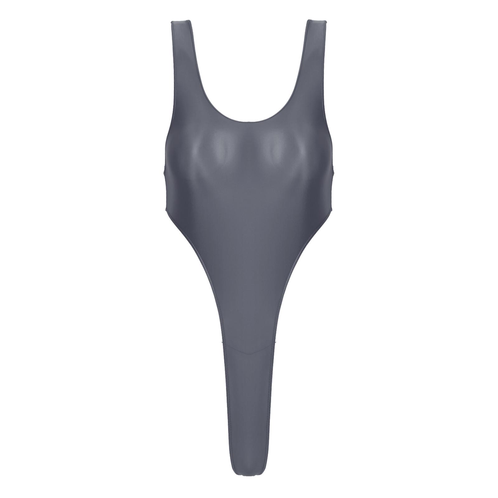 

Жіночий купальник без спини, суцільний, з глянцевої тканини, з високим вирізом для ніг, для пляжних або басейнних вечірок M сірий