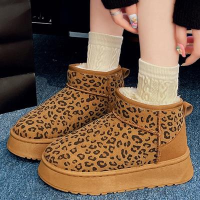 Mode Mode Damen Leopardenmuster Samt Schneestiefel Winter Dick Warm Brotschuh Slipper Mid-Tube Baumwollstiefel für Damen Botas De Nieve