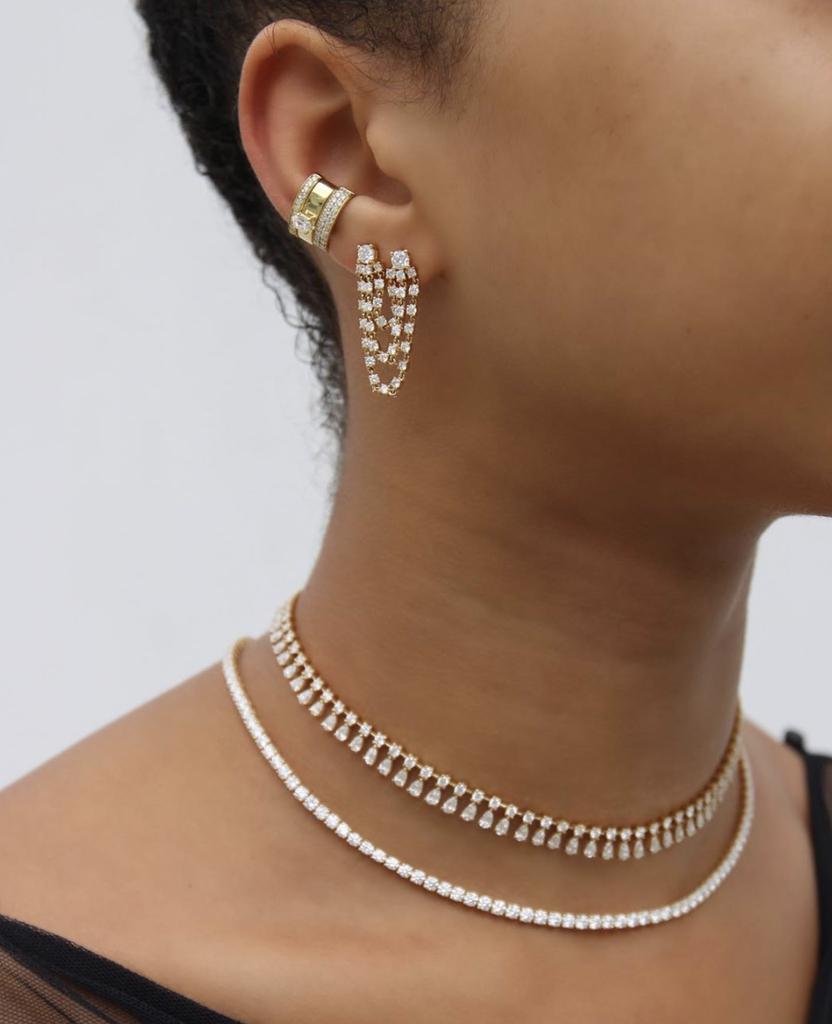 Trendy Cz Tassel Double Piercing Earring 5A Cz Link Chain Sparking Bling Multi Drop Chain Earring for Women