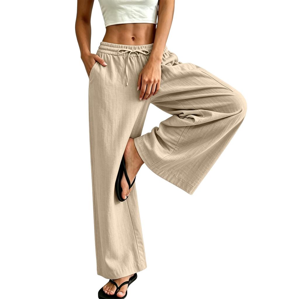 Women's Cotton Linen Straight Leg Pants - Elastic Waist with Drawstring, Casual Color Trousers with Pockets