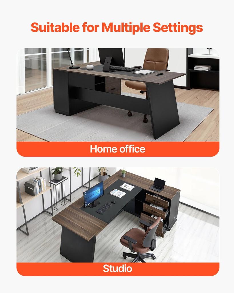 L-Shaped Executive Desk, Large Modern Office Table with Drawers and Storage Cabinet, Heavy Duty Wooden Executive Table, 158.7 KG Load Capacity, Easy