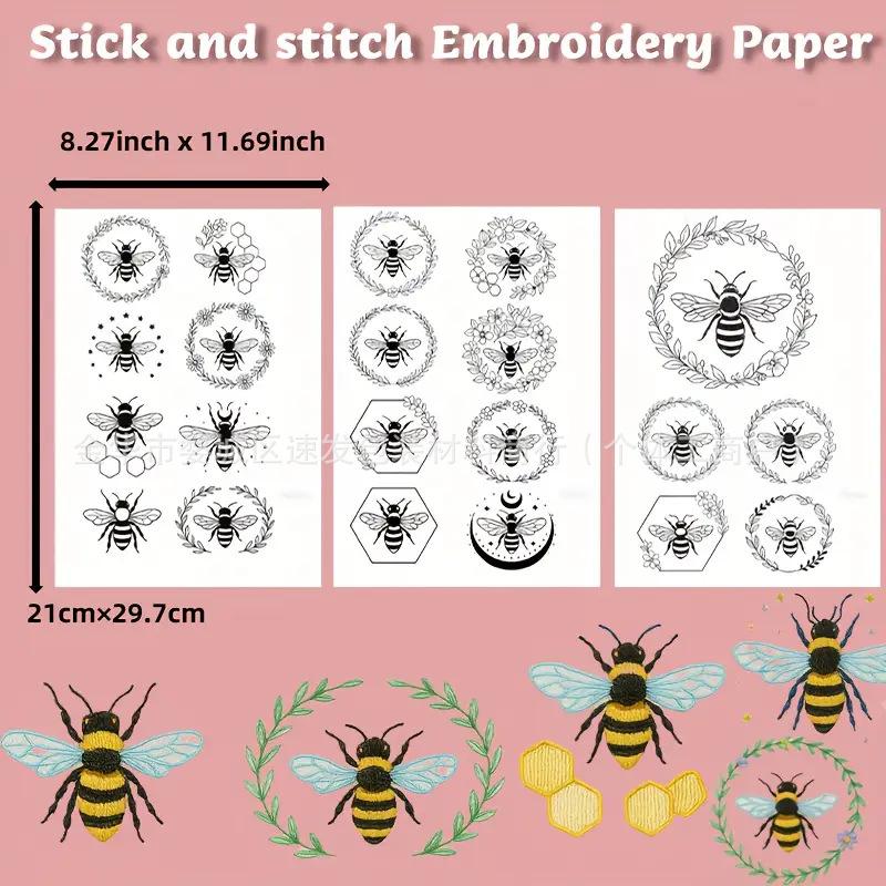 Stickstich Stickvlies Transferpapier mit vorgedrucktem Muster Wasserlöslich Auswaschbar Handnähnadel Faden Set