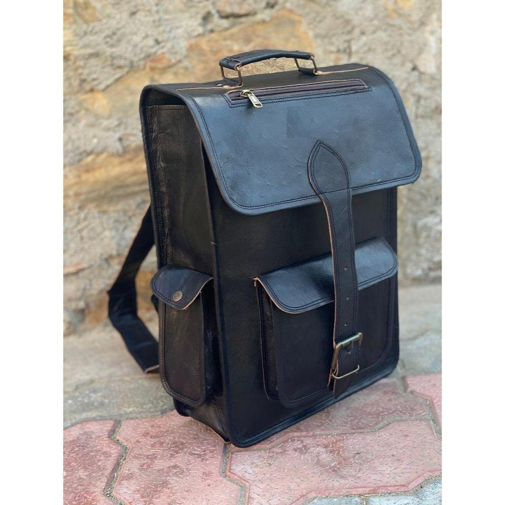 Leather Goat Genuine Leather Men's Backpack Bag Laptop Satchel Case Black Vintage Bag