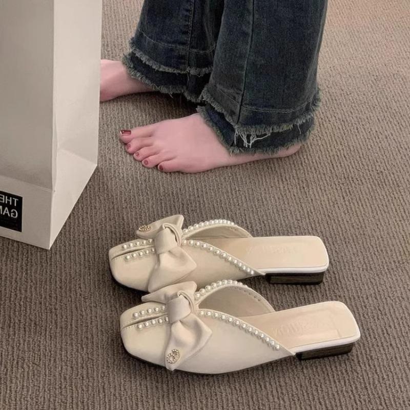 Fashion Pearl Slides With Bow Woman Slippers New Collection Original Style Shoes for Women Unique Waterproof Chic and Elegant