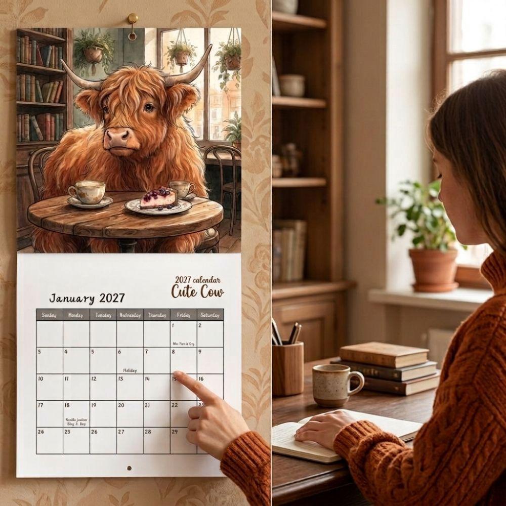 Rural Style 2027 Highland Cow Wall Calendar Large Font Farm Animal Monthly Calendar  Kitchen