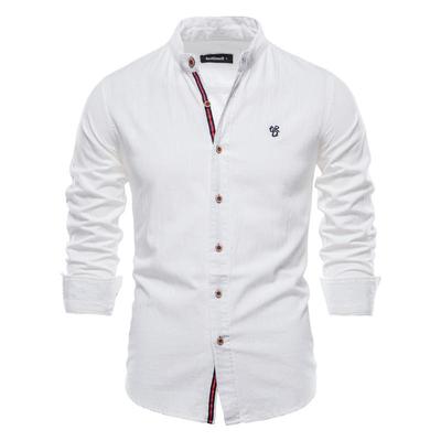 Spring Summer 100% Cotton Shirt Men Fashion Solid Color Stand Collar Long-sleeved Mens Shirts Social Casual Men Clothing