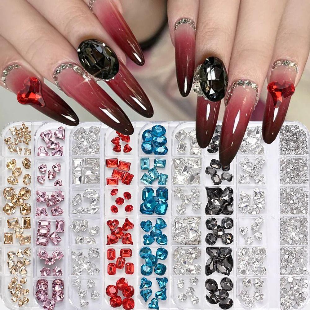 12 Grids 3D Nail Art Rhinestones Mixed Shapes Clear Glass Nail Art Charms Colorful Flatback Nail Art Decoration