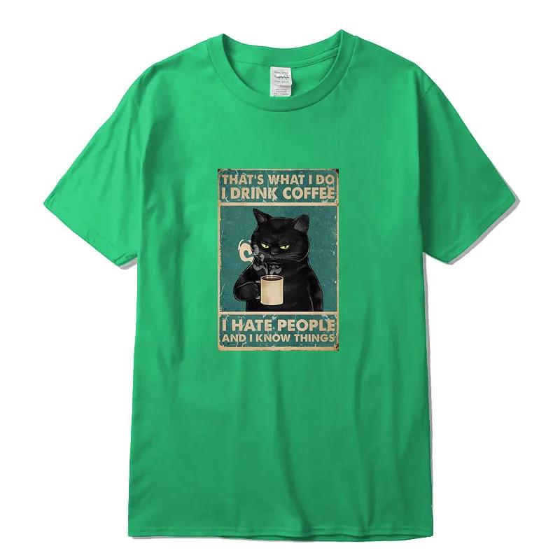 Men's T-shirt High Quality 100% Cotton Funny Cat Drinking Coffee Printing Summer Casual Cool Loose Men O-neck T-shirt Male Tops