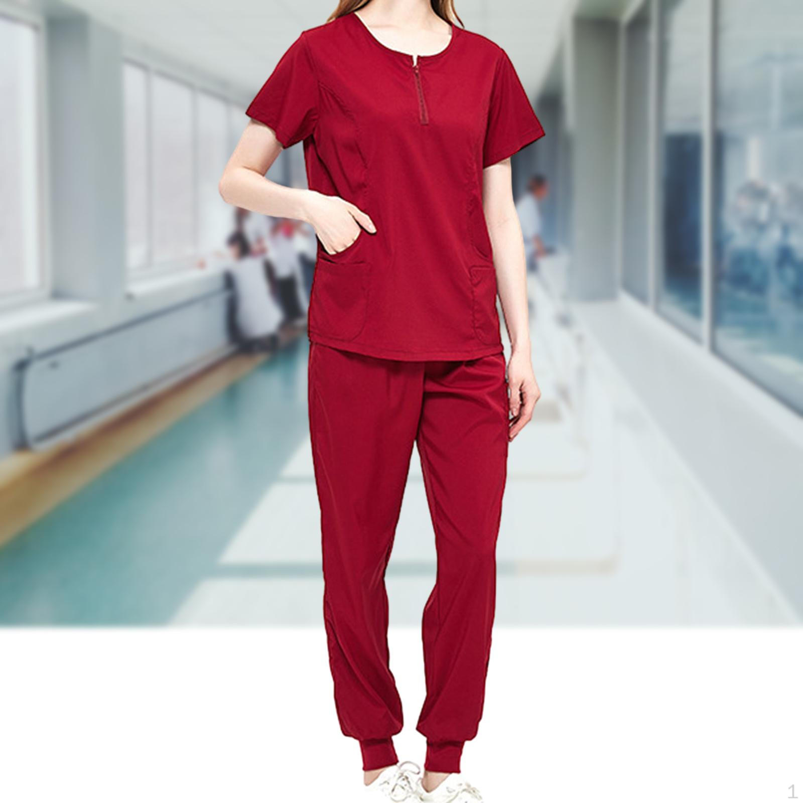 

Женский комплект скраба, рабочая одежда для медсестры, прочная одежда с короткими рукавами и карманами, костюм, топ и вино красного