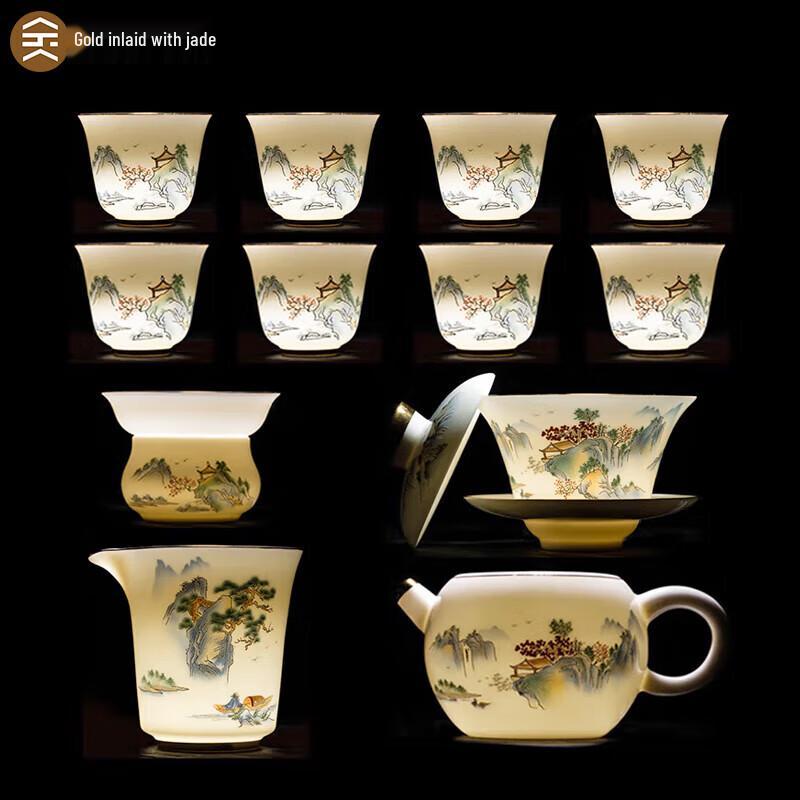 High-End Gold Inlaid Jade White Porcelain Kung Fu Tea Set