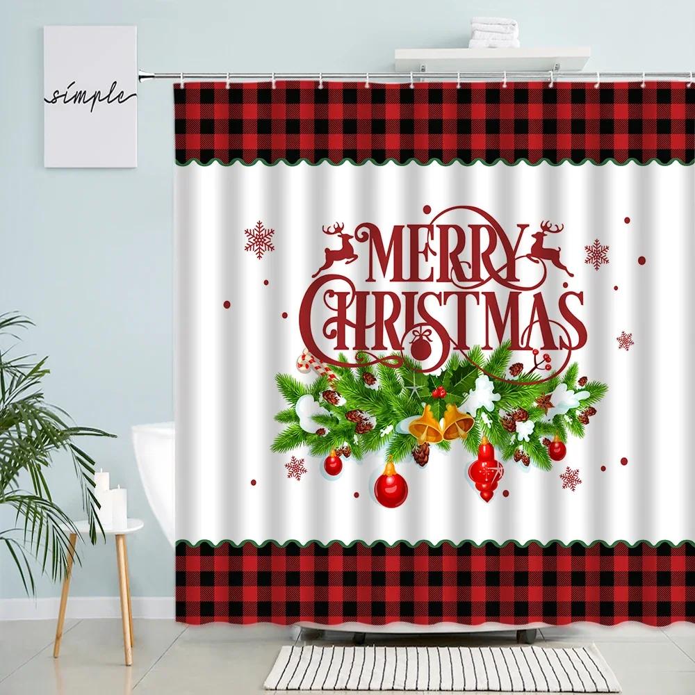 Merry Christmas Shower Curtains Snowflake Rope Balls Bells Pine Branches Black White Buffalo Plaid Xmas New Year Bathroom Decor 90x180cm-35x70in