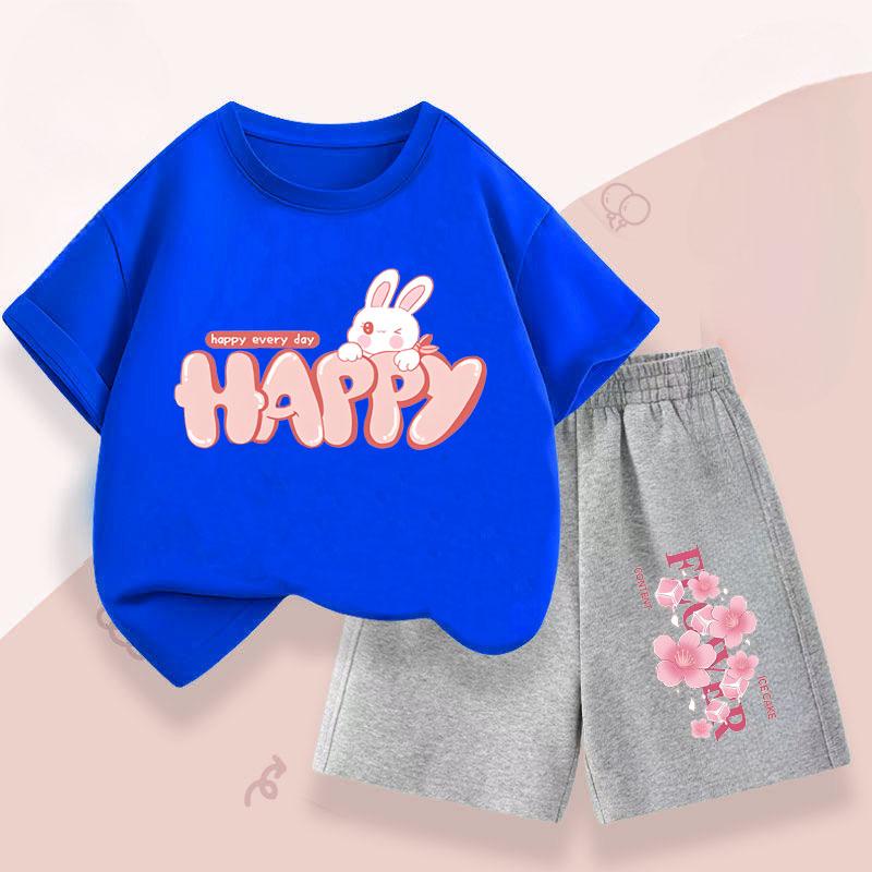 Summer Girls' Casual Set: Cute Rabbit Print Breathable T-shirt + Short-sleeved Pants Fashionable and Comfortable Set