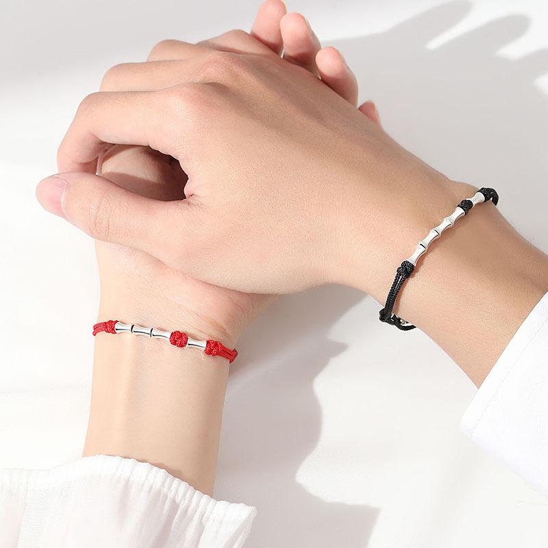 A pair of couple's bracelets s9Silver bamboo knot red rope bracelet for men and women, simple style
