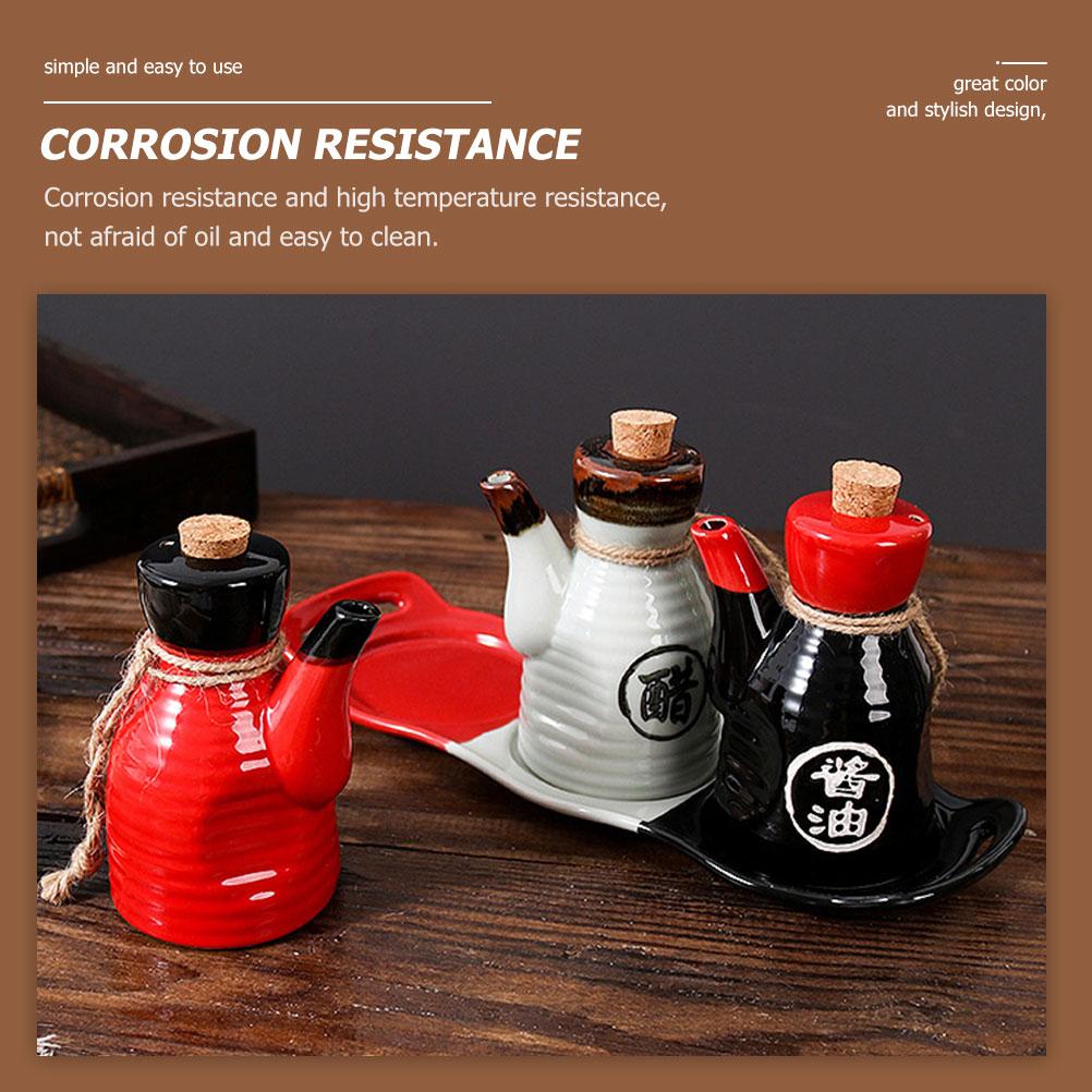 Ceramic Soy Sauce Bottle Japanese Style Oil Pot Container Home Seasoning Kitchen Wood