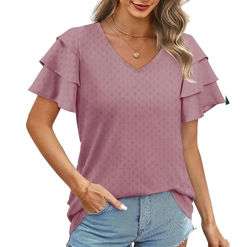 Casual Loose Summer Womens Shirts 2023 Fashion Short Sleeve Chiffon Blouse Women Tops Elegant Female Clothing V Neck 26486