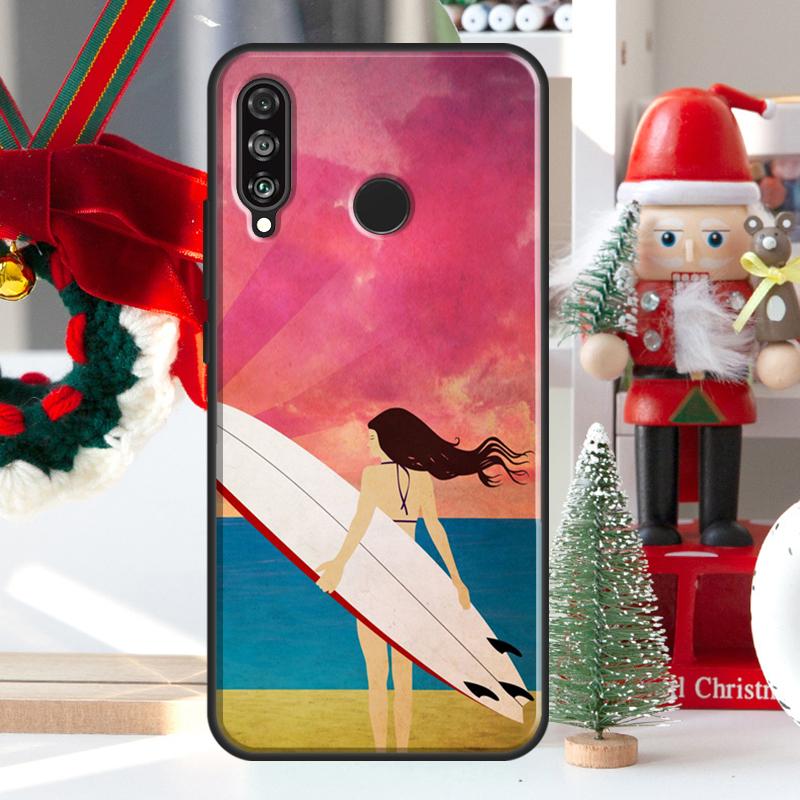 HAWAII BEACH SURF GIRL SURFING ART For Huawei Nova 9 10 SE 11 Pro Y60 Y70 Y90 Y61 Y91 Y72 Y73 12i 11i 8i P20 P30 P40 Lite Case