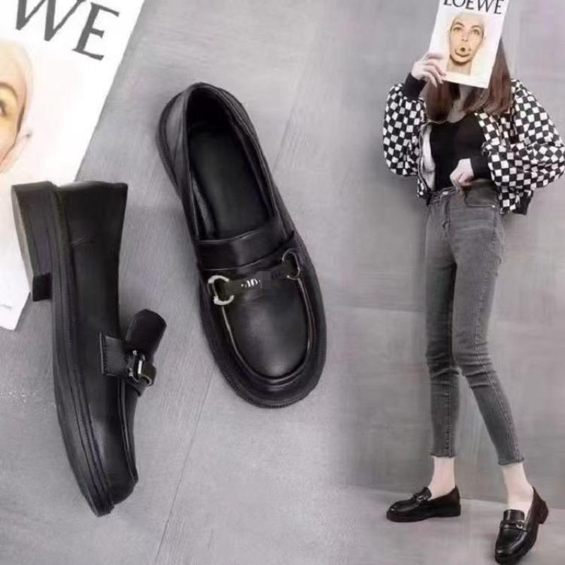 New Women's Shoes Autumn One-pedal Thick Heel Black Small Leather Shoes Women's Commuter Work Shoes