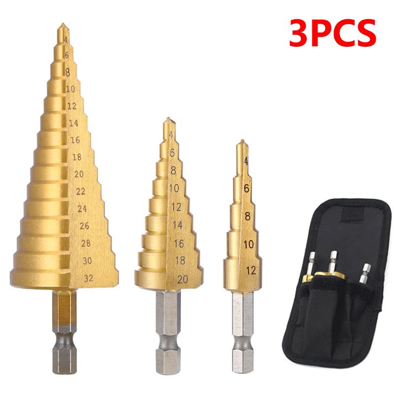 3pcs HSS Titanium-Coated Spiral Groove Step Drill Bit 4-12 4-20 4-32 Power Tool Step Drill Bits Set Metal Multi-Hole Taper Drill