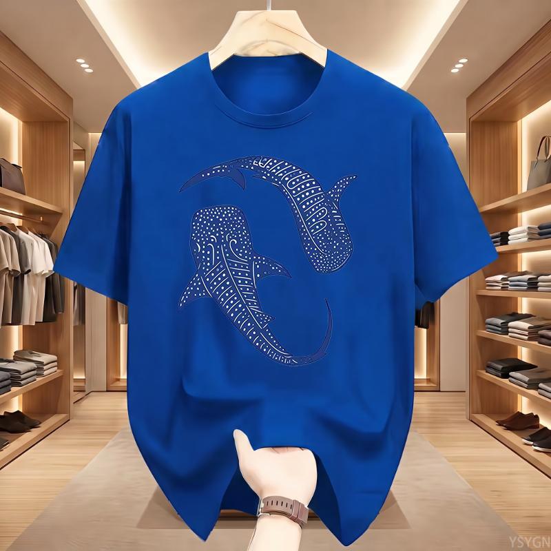Men'S Print T-Shirt  Double Whale Totem Print Blue And White Contrast Design Casual Breathable