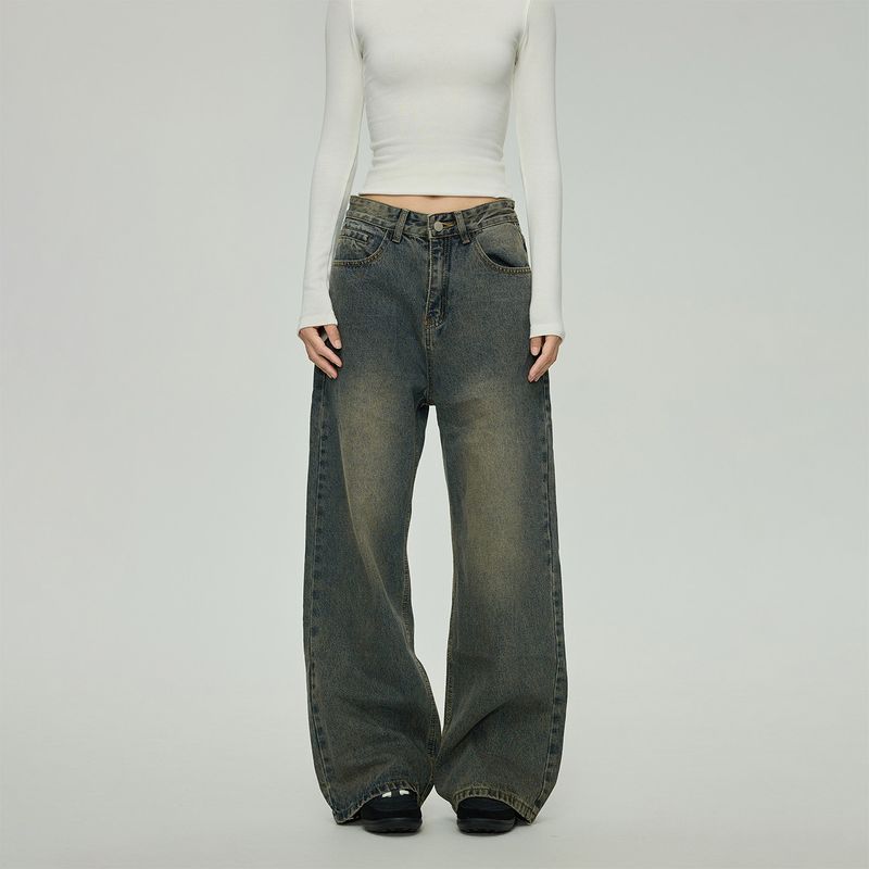 Black of Exit Simple Basic Retro Distressed Trousers Trendy Brand High Street Autumn and Winter New Straight-Leg Jeans