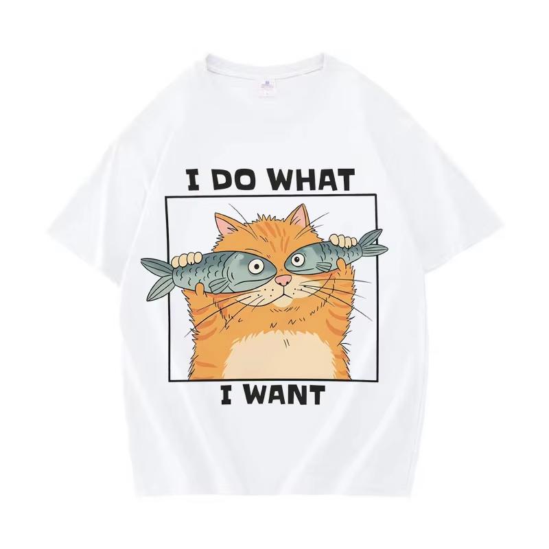 Funny Cat Holding Fish I Do What I Want Print Unisexs Cotton Teenagers Short Sleeve Top 2026 Summer Daily Street Casual Tee