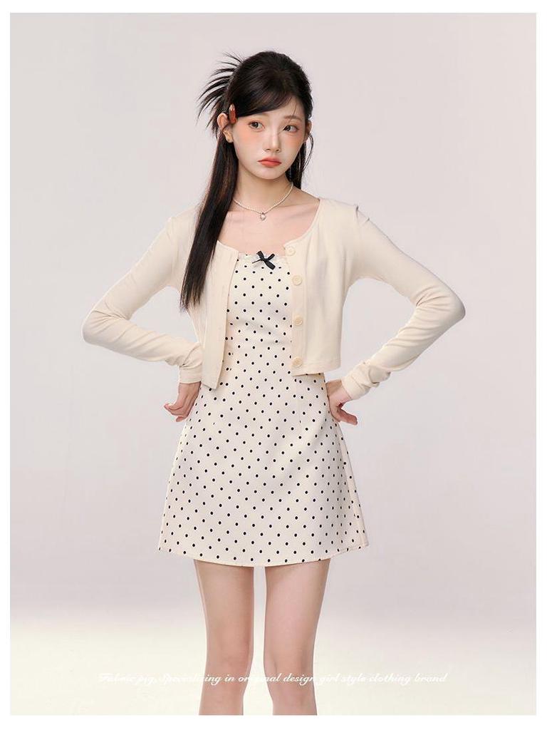 Women's Petite Polka Dot Maxi Dress & Cardigan Set