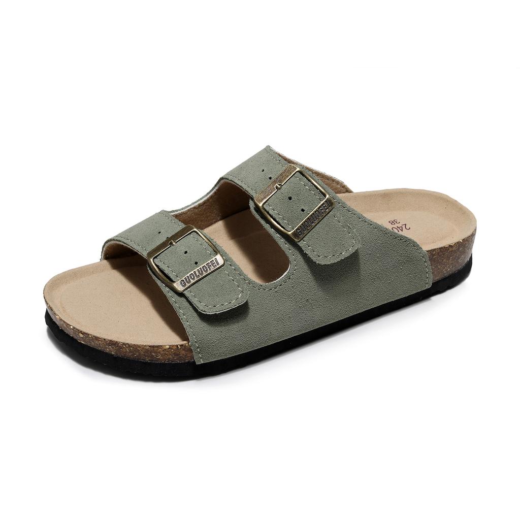 Unisex Flat Sandals with Suede Insole, Open Toe Adjustable Slides for Summer Flip Flops ,leather Slippers