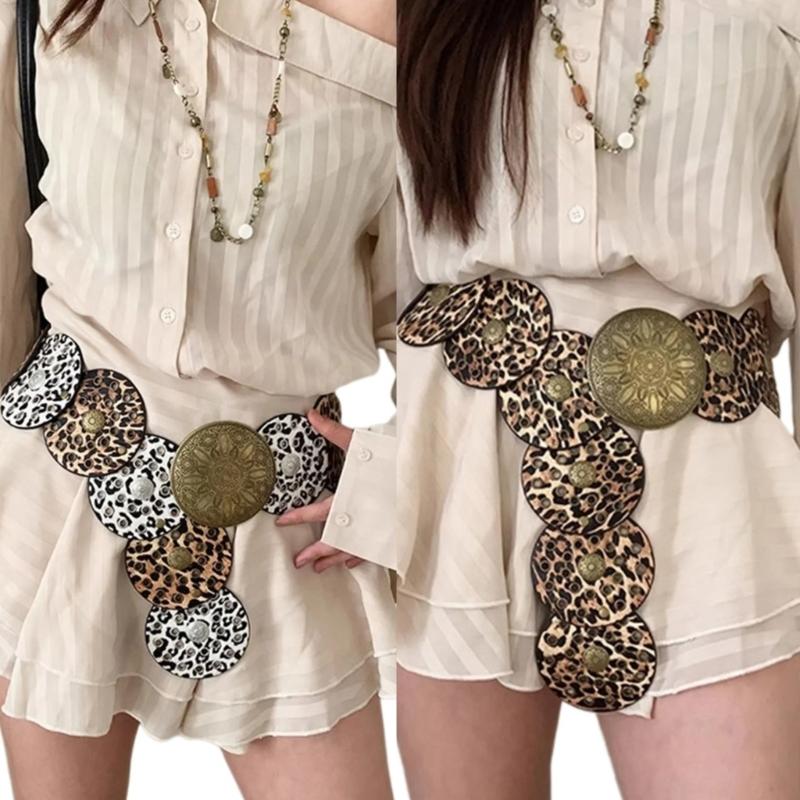 Stylish Leopard Wide Belt for Adult Western Waistband Ethnic PU Leather Embossing Buckle Waiststrap for Formal Dresses