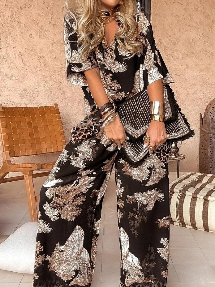 

Комплект из рубашки с короткими рукавами и брюк широкого кроя с черно-белым цветочным принтом 5XL